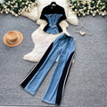 Hong kong style retropatchwork short-sleeved denim suit women's summer daily casualstraight-leg pants two-piece setslimming look outfit