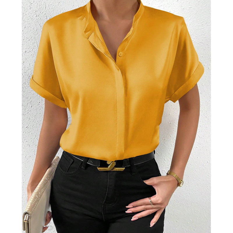 popular European and American  women's clothing solid color satin short-sleeved, shoulder stand-up collar short-sleeved shirt satin shirt