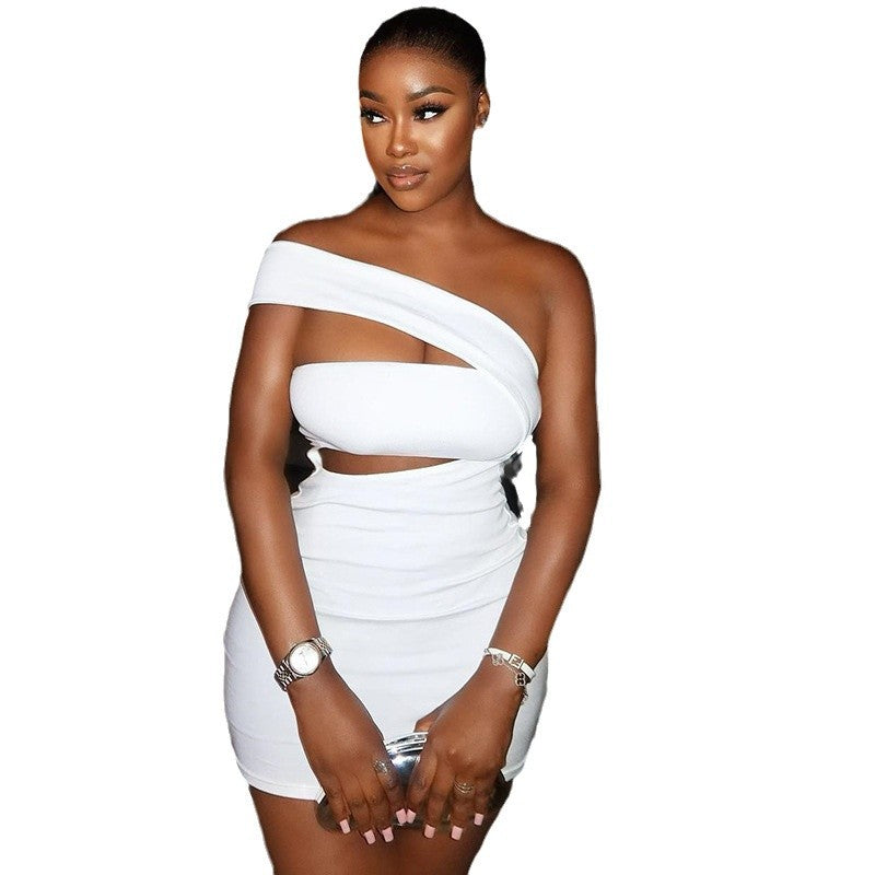 European and american style ins foreign trade women's fashion solid color dress sexy asymmetrical neck off-shoulder sleeveless bodycon mini dress