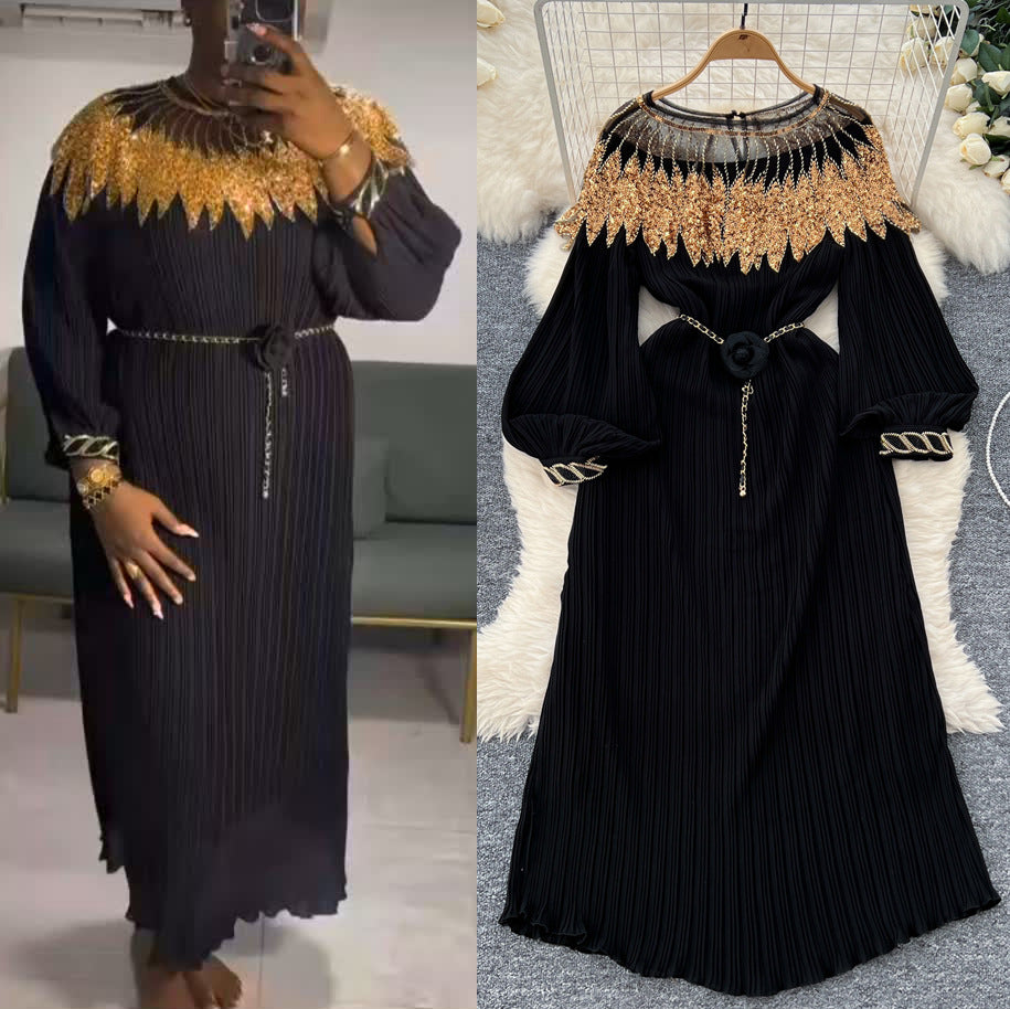 Autumn european and american retro court style heavy sequin embroidered long pleated puff sleeve dress women's pleated skirt