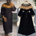 Autumn european and american retro court style heavy sequin embroidered long pleated puff sleeve dress women's pleated skirt