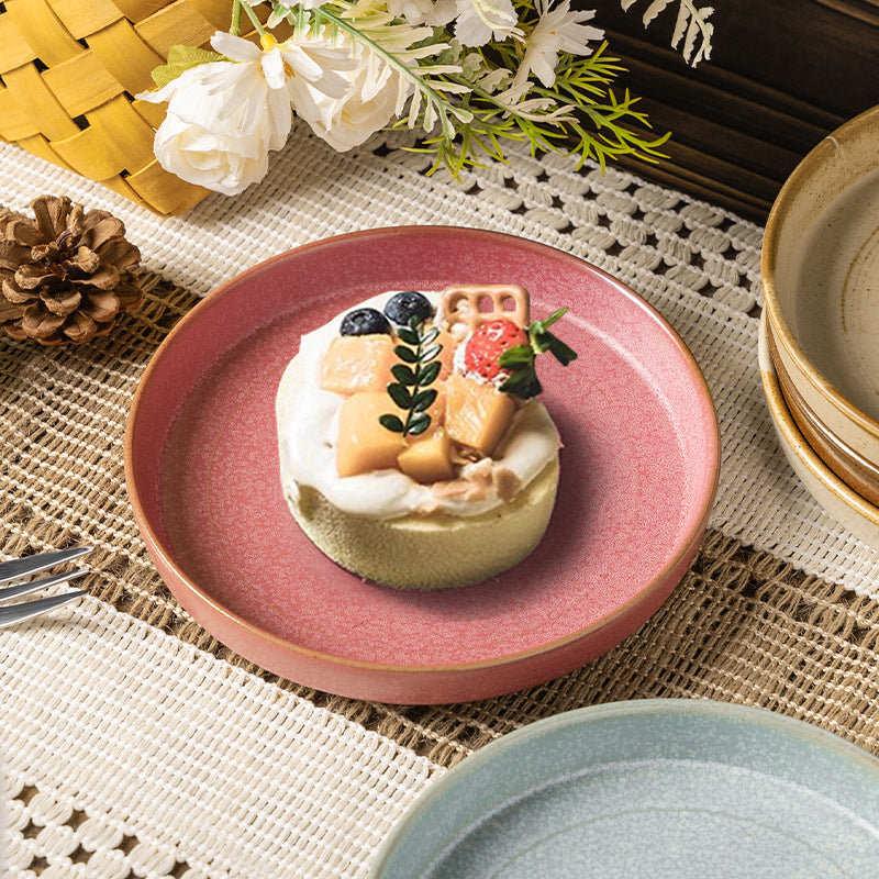 Retro kiln round disc with edge afternoon tea cake plate coffee cup and saucer restaurant bone plate snack plate for home fruit plate