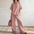 european and american cross-border women's fashion casual solid color v-neck loose short sleeve top and drawstring pants two-piece set