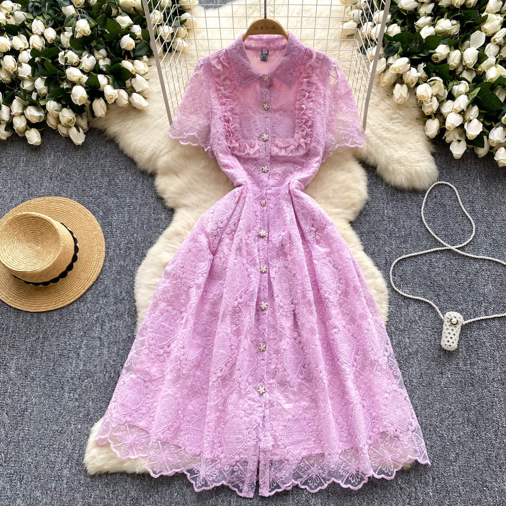 Summer french retroelegance heavy industry laceembroider lapel single breasted waist slimming lookelegant dress dress