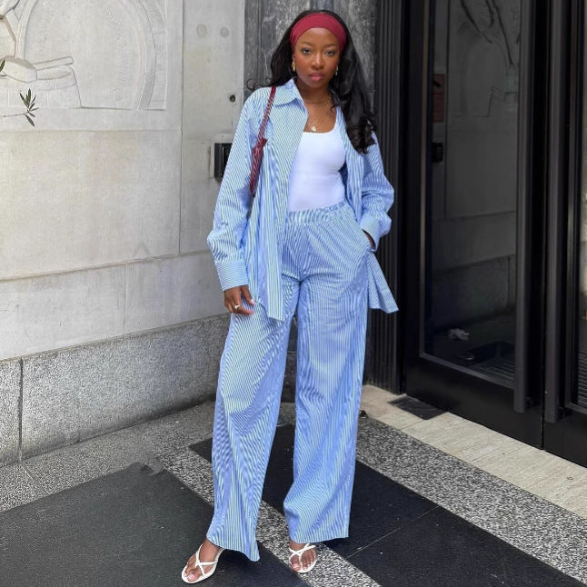 European and American large size casual long-sleeved cardigan striped shirt women's African style wide-leg trousers temperament versatile two-piece set
