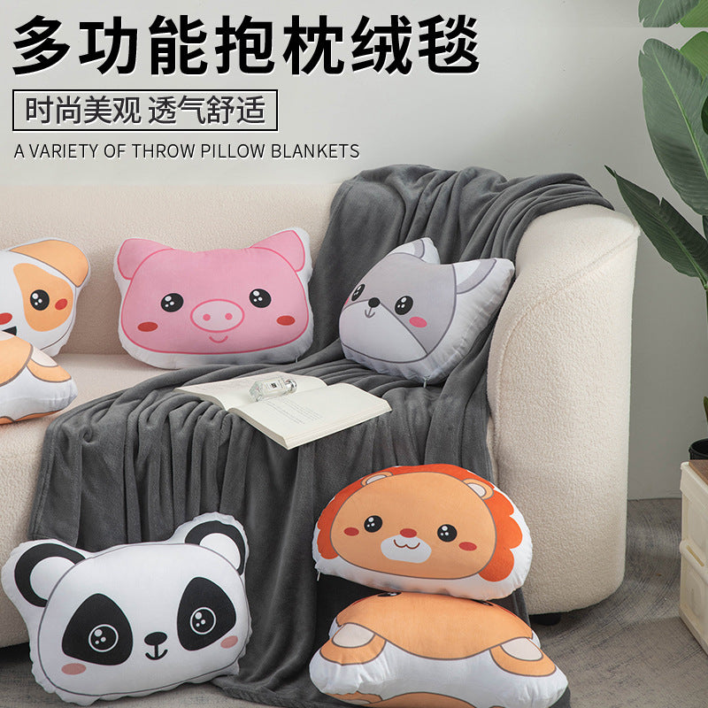 Cartoon plush pillow blanket 2-in-1: foldable throw pillow, quilt, car blanket, office flannel air conditioning blanket