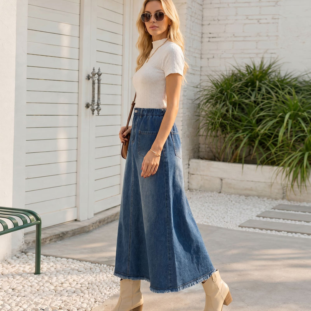 Fashion cross-border export  washed double flap pocket pants elastic waist raw edge hem slimming look street versatile skirt
