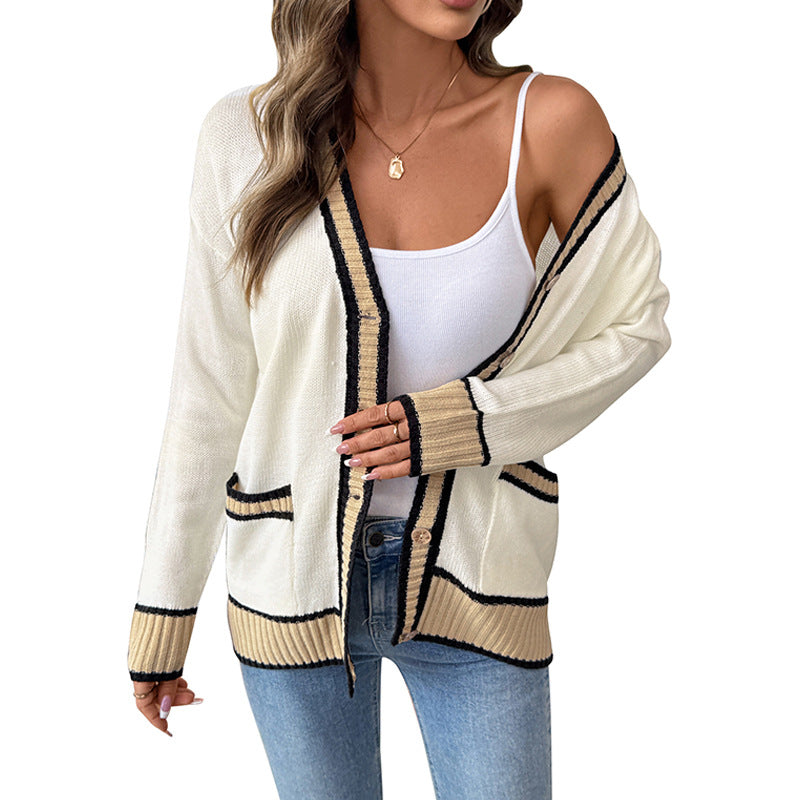 European  2025 new autumn and winter  workplace leisure lazy wind loose v-neck contrasting color sweater cardigan women