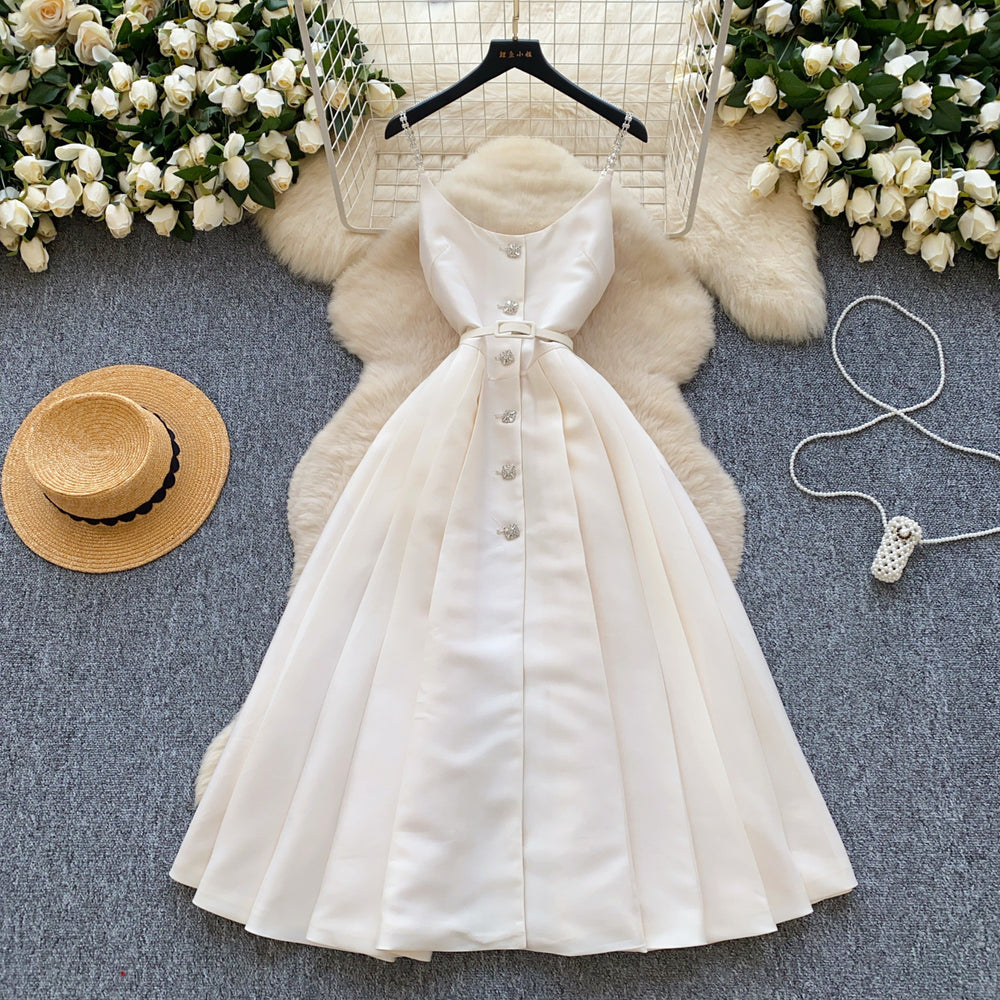 Accessible luxury qianjin style classy suspender dress women's summer pleated waist slimming look design celebrity elegant long skirt