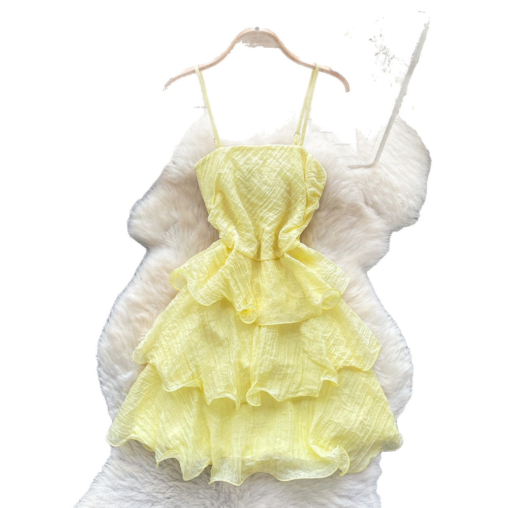 Tea break frenchsense of design tie back square collar small flying sleeves waist backless straps slimming lookelegant gentle wind dress