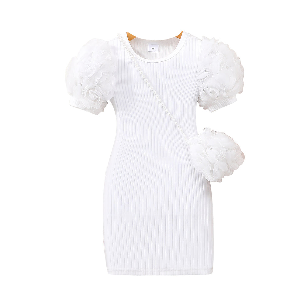 Children's flower short-sleeved dress + flower shoulder bag
