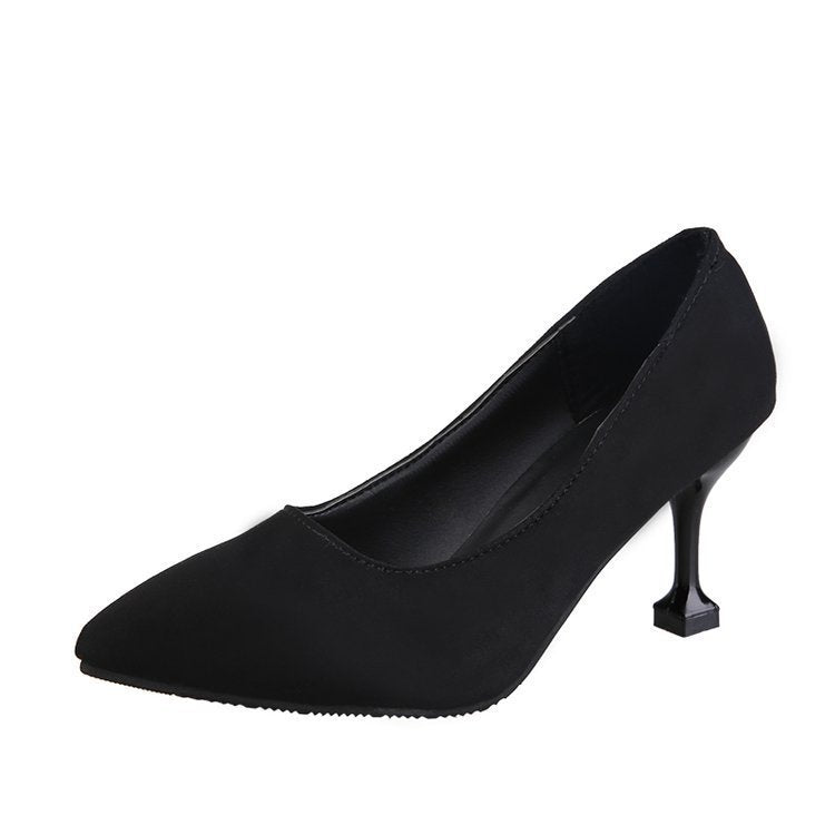 Women's suede black pointed-toe heels - professional ol work shoes, solid color stiletto mid-heel pumps