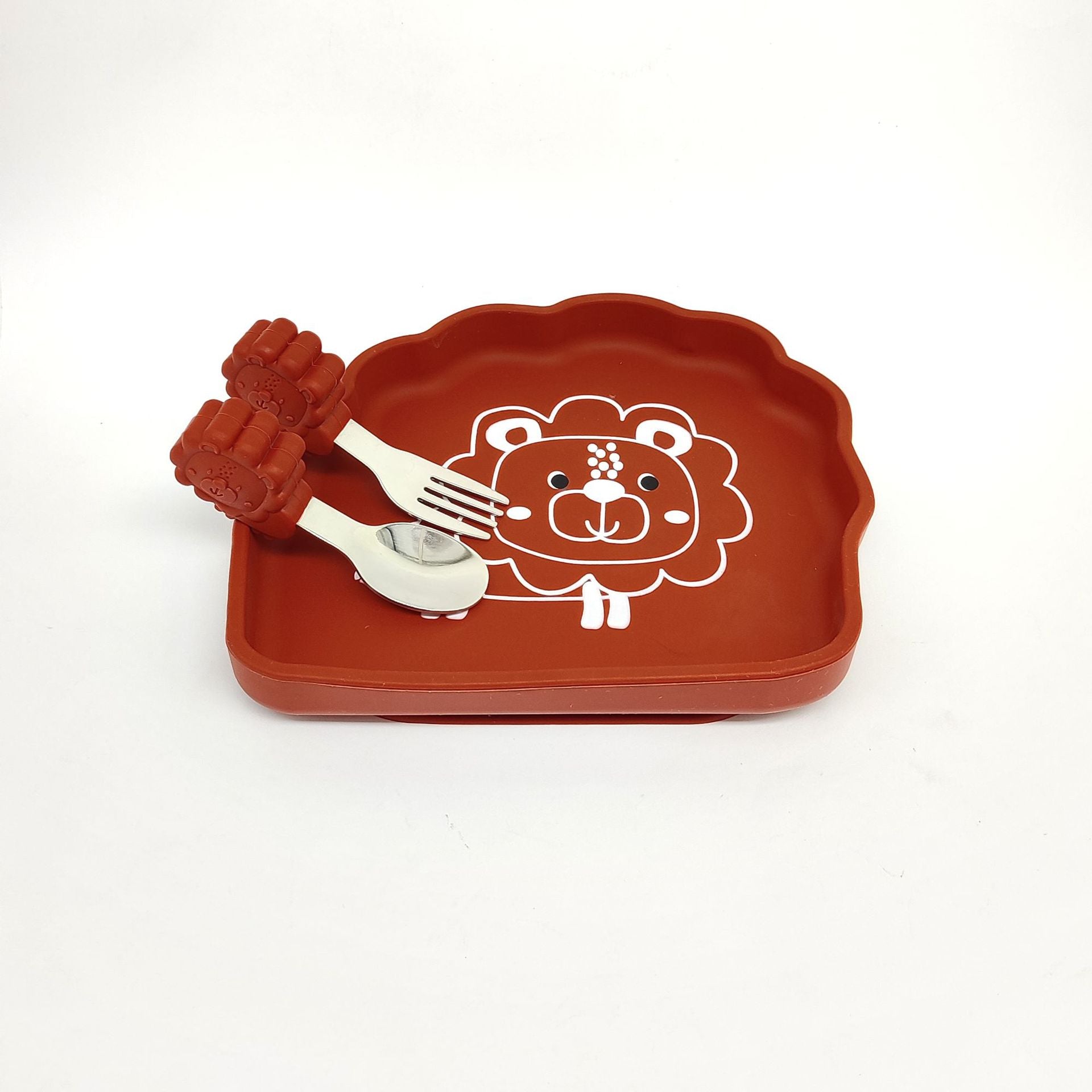 Food-grade silicone tableware, eating 2-piece set, animal lion-shaped dinner plate, stainless steel fork and spoon tableware set