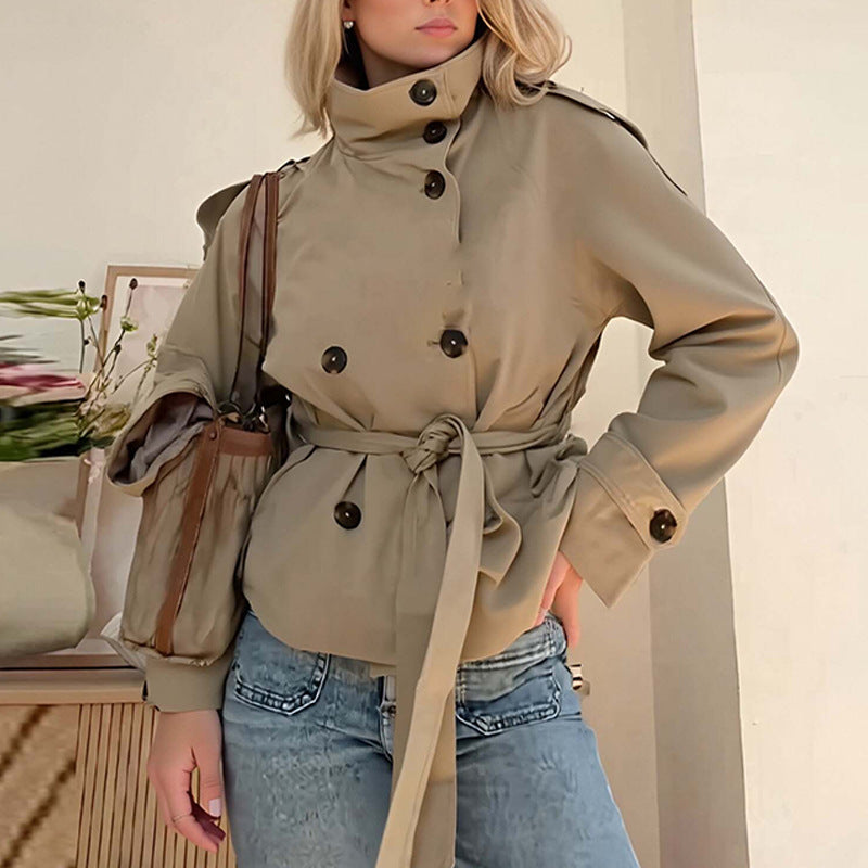 autumn new women's clothing - cross-border european & american style - versatile & fashionable commute solid color tie-waist trench coat