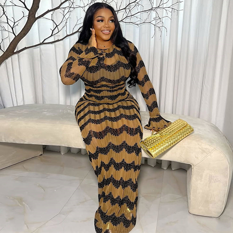 European and american cross-border african women's clothing  summer new arrival: elegant round neck printed long sleeve bodycon dress