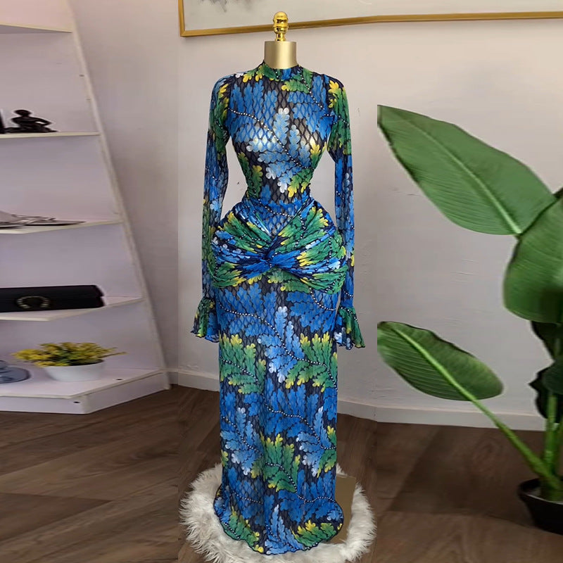 European and american women's clothing  autumn new collection: sweet and fresh printed mock neck long sleeve high waist slimming maxi dress