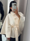 Sense of design stand collar waist slimming looktie backpure color woolenoutwear women 2025 cross-border fashion style new arrival