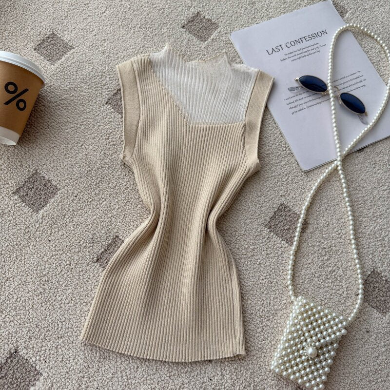 Sweet work clothing style half mesh high collar camisole women's summer outwear silmslimming lookknitting sleeveless tops