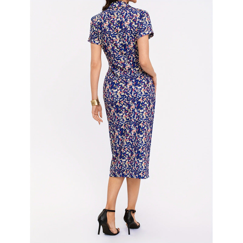 cross-border listing: new  original women's elegant floral print ruched short-sleeve dress