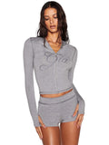 women's printed hooded long sleeve shorts set with thumbhole and micro flare leggings - summer two-piece outfit