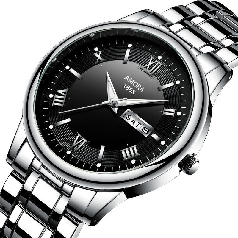 Business gold classic roman style watch stainless steel dual calendar non-mechanical waterproof quartz men's wristwatch - custom logo available