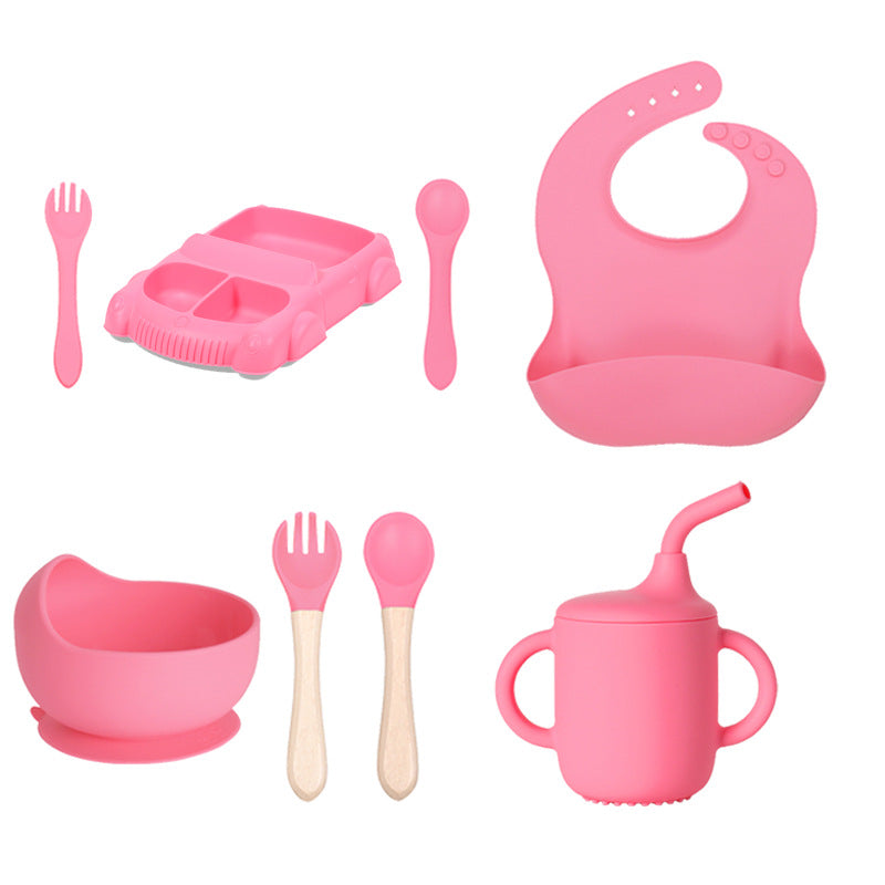Factory new product baby silicone dinner plate large suction cup tableware set 8-piece set cartoon children's car silicone dinner plate