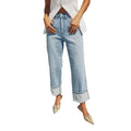 European and american stretch jeans for women,  new arrival, hot selling fashionable streetwear style, rolled hem straight leg washed denim jeans