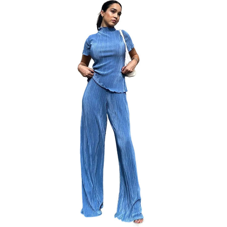 Amazon women's  spring new solid color double-layer pleated slim-fit casual short-sleeve two-piece activewear set