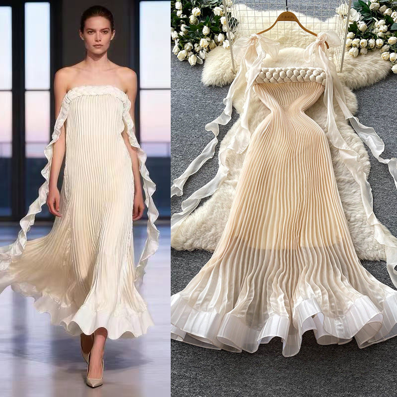 French twist knot camisole dress - unique & chic summer high-waisted pleated maxi dress with flowy ruffle hem