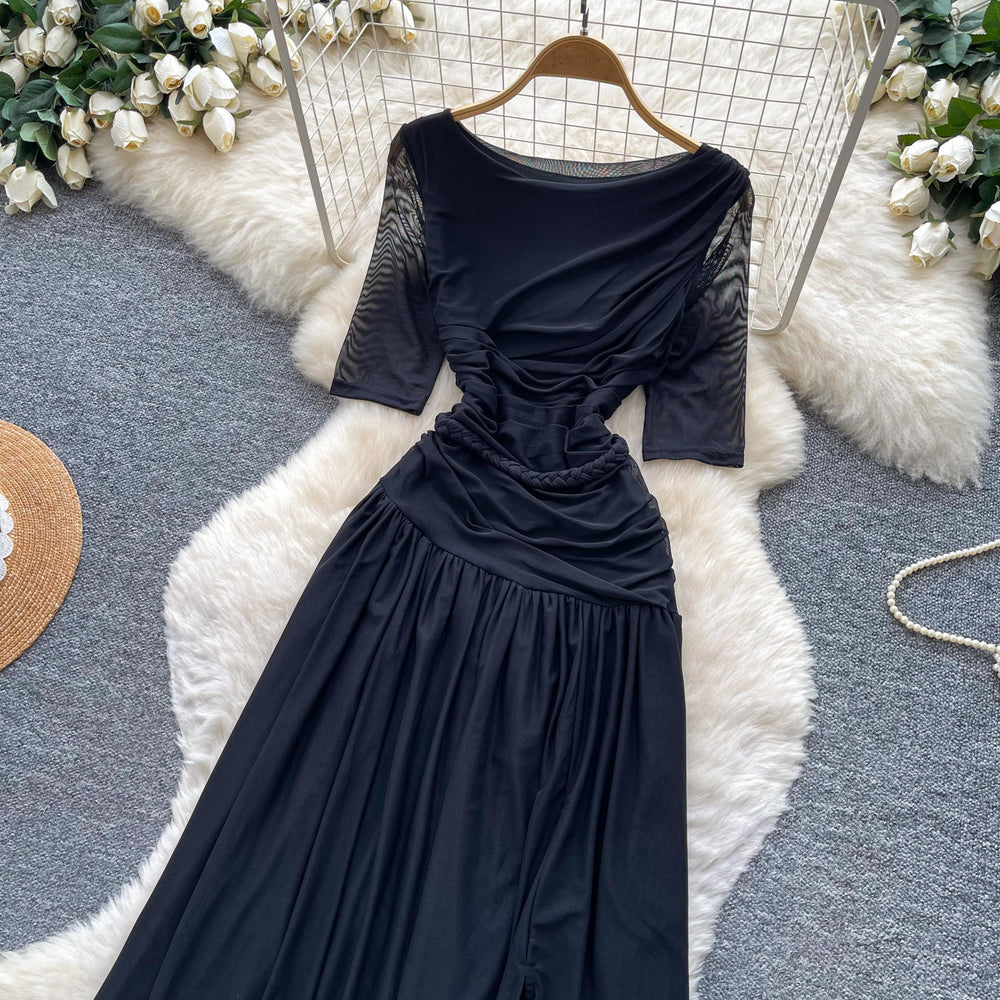 Hepburn style pink a-line slit long sleevesdress women's summer short-sleeved high waist pleated elegantelegance long skirt