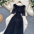 Hepburn style pink a-line slit long sleevesdress women's summer short-sleeved high waist pleated elegantelegance long skirt
