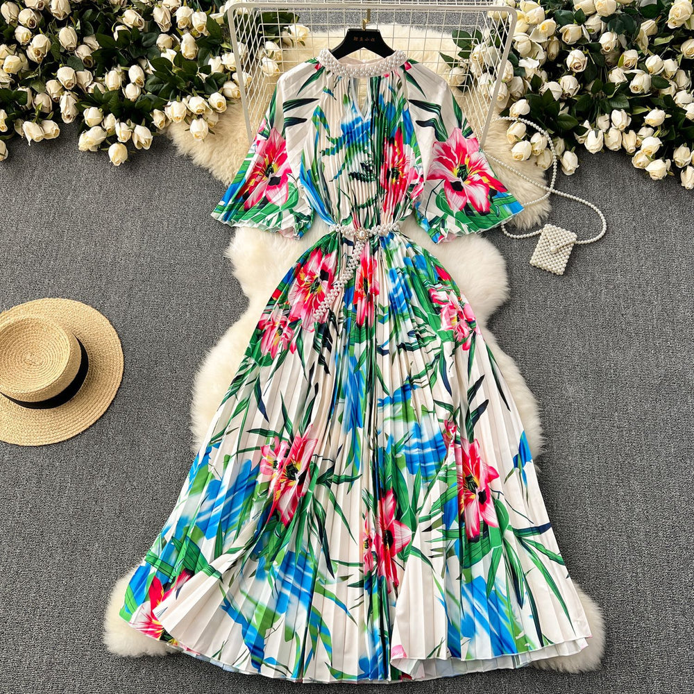 European and american high-end elegant dress - new women's beaded round neck short sleeve cinched waist loose pleated printed maxi dress