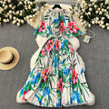 European and american high-end elegant dress - new women's beaded round neck short sleeve cinched waist loose pleated printed maxi dress