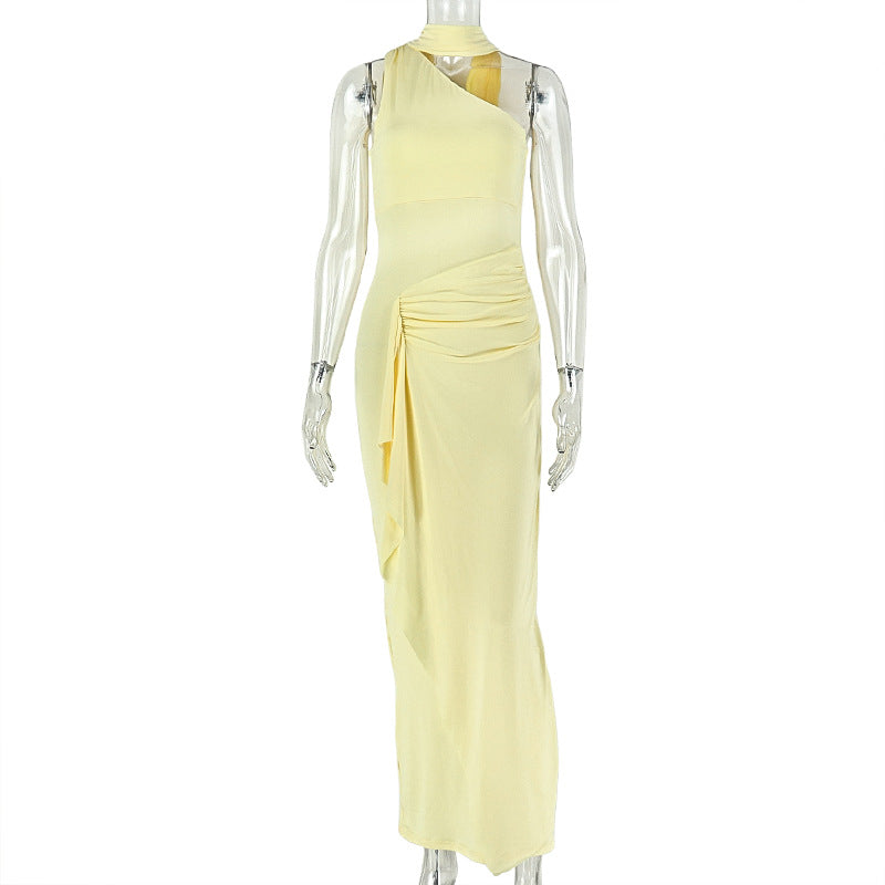 Fashion styleexporteasiest for matchelegant women's clothing pleated silmslimming look hip skirt oblique collar sleeveless pure color new dress