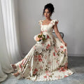 European and american spring/summer floral women's digital print pleated vacation style ruffle waist elegant romantic women's dress
