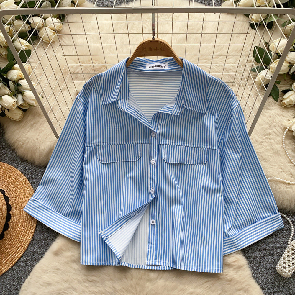 Korean style commute chic red and white striped breathable & skin-friendly shirt - women's summer short sleeve loose fit cardigan casual top