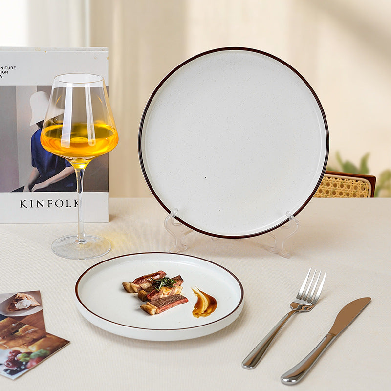 Modern casual style hand-painted stroke ceramic western food plate restaurant hotel stylish salad with edge barbecue plate brown edge plate