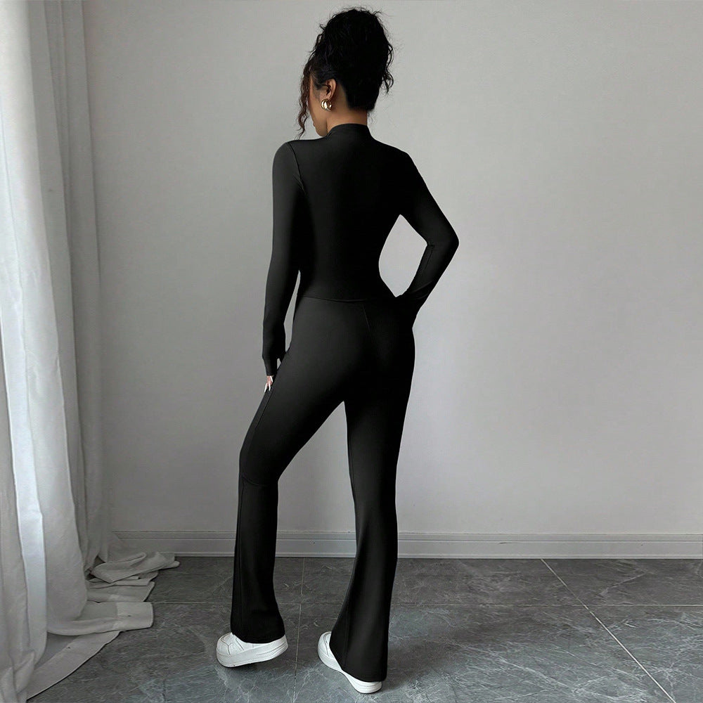 European and american cross-border e-commerce black slim-fit zip-up stand collar top and flare pants fashion two-piece set for women