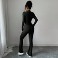 European and american cross-border e-commerce black slim-fit zip-up stand collar top and flare pants fashion two-piece set for women