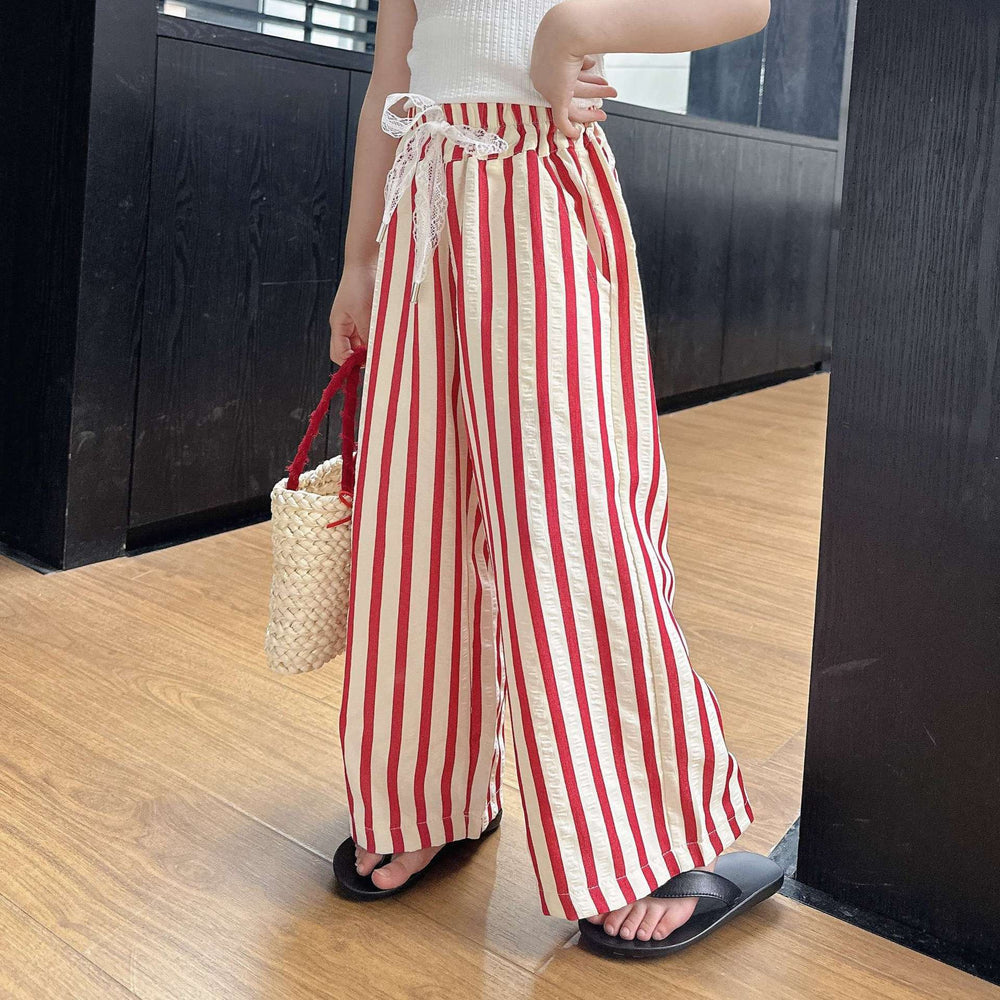 Girls' pants  new korean style kids striped lace waistband loose wide leg pants girls summer straight leg trousers