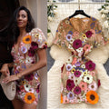 High-end women's summer dress - french vintage v-neck lantern sleeve, heavily embroidered mesh, cinched waist, puff sleeve dress