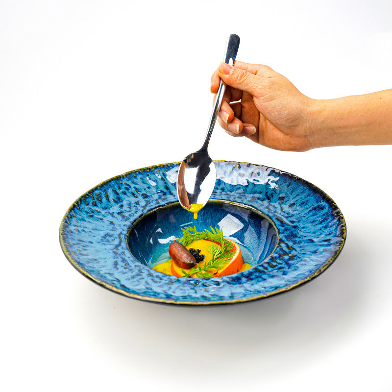 Retro kiln texture creative stone pattern ceramic straw hat plate scandinavianstylish dessert pastry salad restaurant plate
