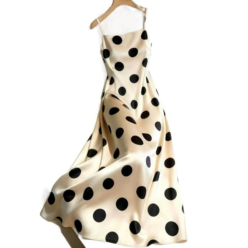 Women's new summer fashionable minimalist elegant satin polka dot cinched waist long slip dress - perfect for dates