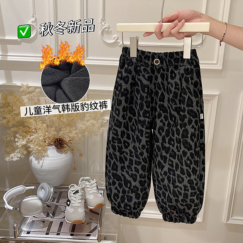 Girls' fall/winter fleece-lined thickened lantern pants, korean style baby pants, kids' outerwear casual pants, trendy children's clothing