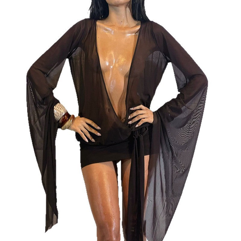 Export fashion style women's clothing  new deep v sexy mesh see-through strappy short hot girl hip-hugging dress