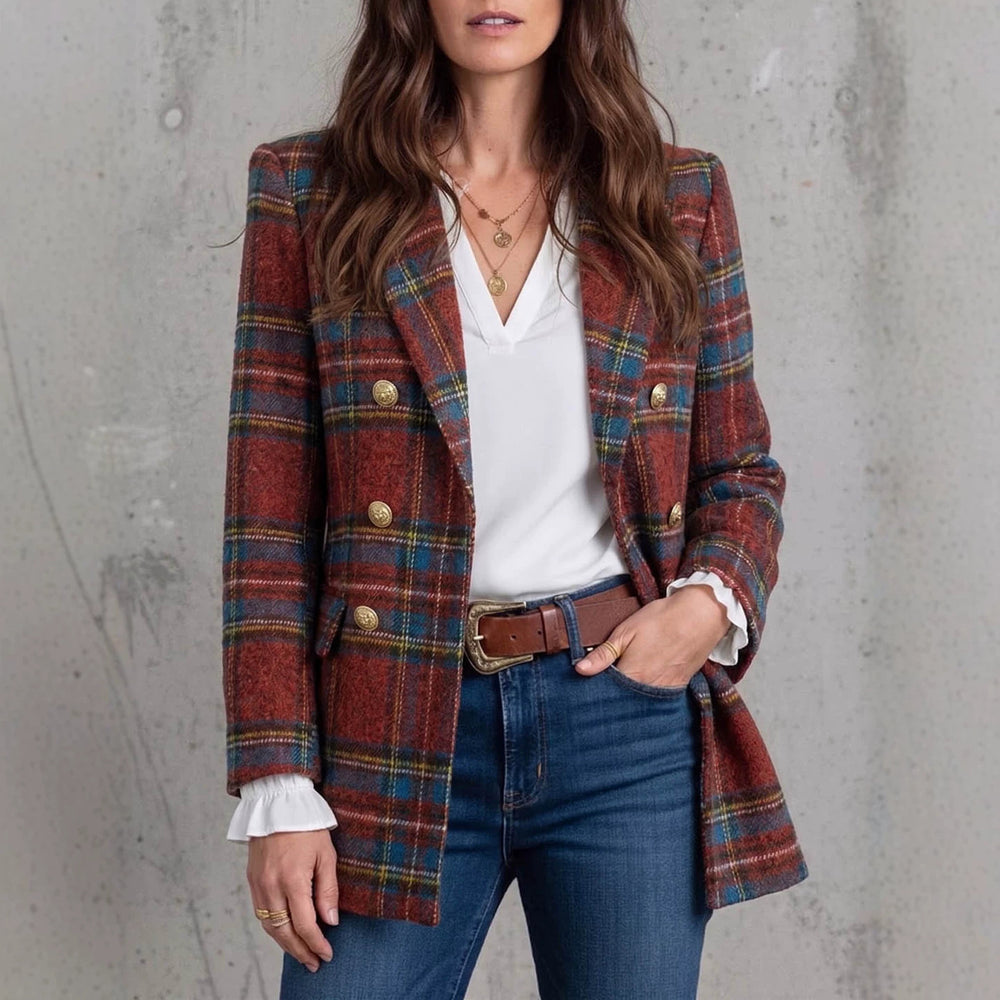 fashion cross-border retro red grids pattern suit outwear double row metal buckle lapel grids pattern woolenloose suit