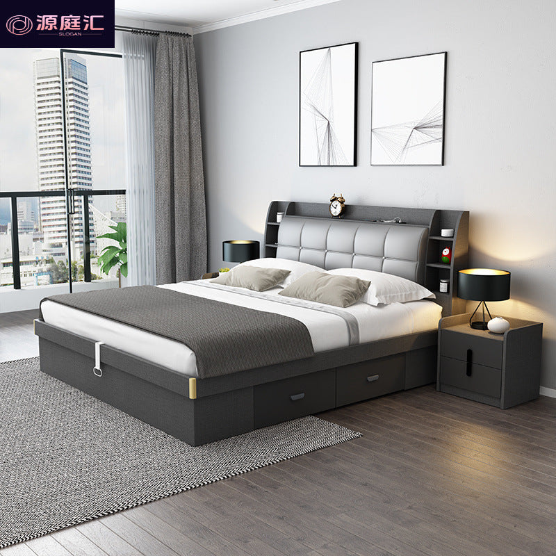Pneumatic high box storage bed for home master bedroom small apartment storage panel modern casual double bed