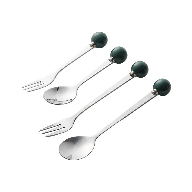 Accessible luxury ceramic ball fruit fork for home stainless steel spoon multi-purpose dessert spoon good-looking glazed pastry fork