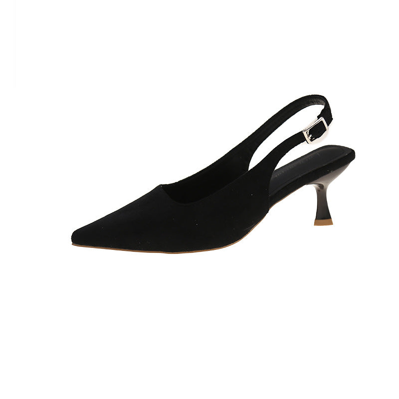 Pointed-toe stiletto sandals for women, 2026 new korean style, versatile suede open-back single strap mid-heel shoes, fashionable and elegant