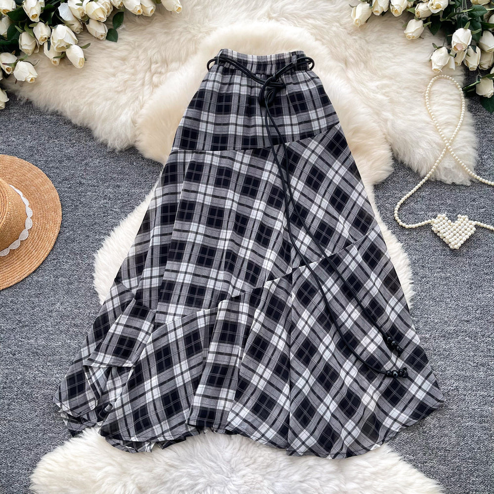 Vintage plaid midi skirt - women's high-waisted a-line swing skirt - commute-friendly fashion - coffee brown irregular patchwork maxi skirt